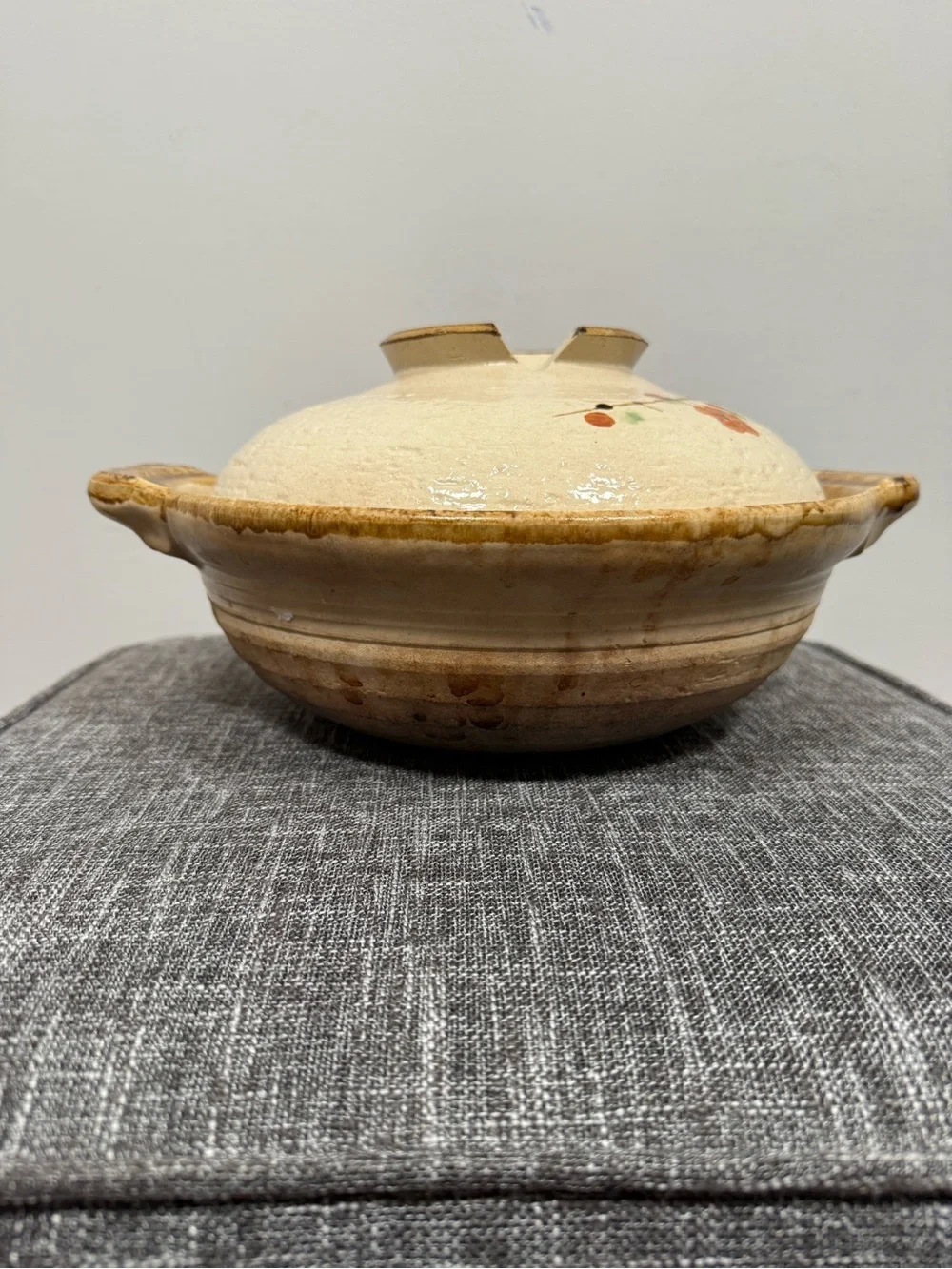 Vintage Japanese Donabe Clay Pot Hand Painted Orange Blossom Casserole Lid 8